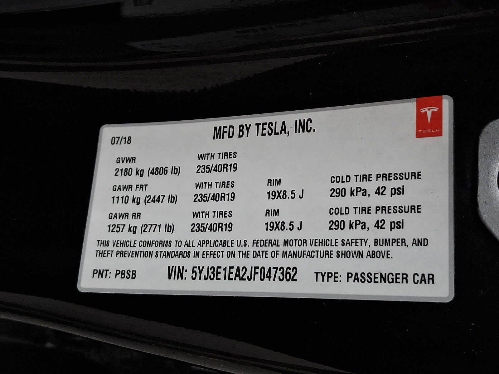 2018 Tesla Model 3 Long Range Battery RWD